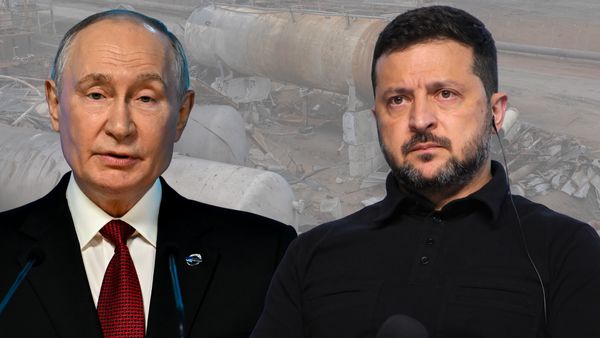 Illustration shows Russian President Vladimir Putin and Ukrainian President Volodomyr Zelenskyy overlaid on image of missiles.