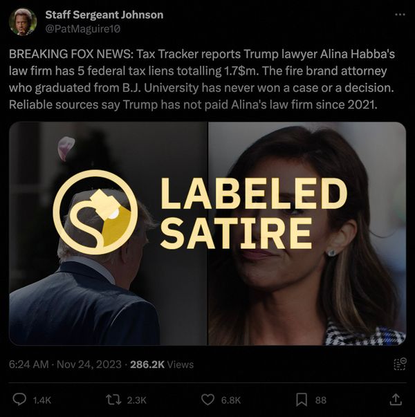 A post on X said that Fox News reporting a breaking story that said a defense attorney for Donald Trump named Alina Habba had a law firm with five federal tax liens totaling $1.7 million.