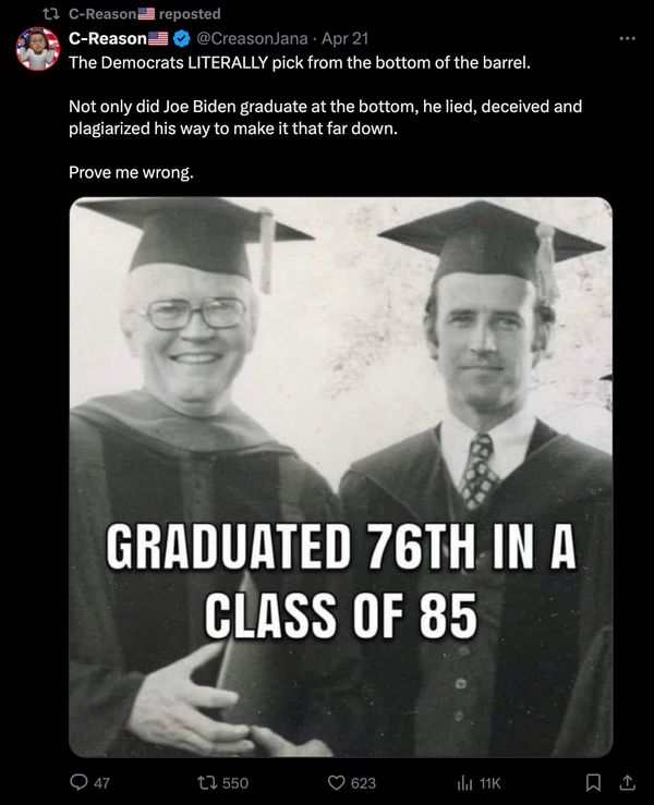 A rumor said Joe Biden finished 76th in a class of 85 at Syracuse University College of Law in 1968.