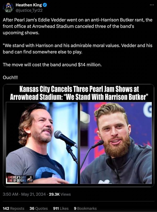A meme claimed Arrowhead Stadium canceled three Pearl Jam shows in defense of Kansas City Chiefs kicker Harrison Butker.